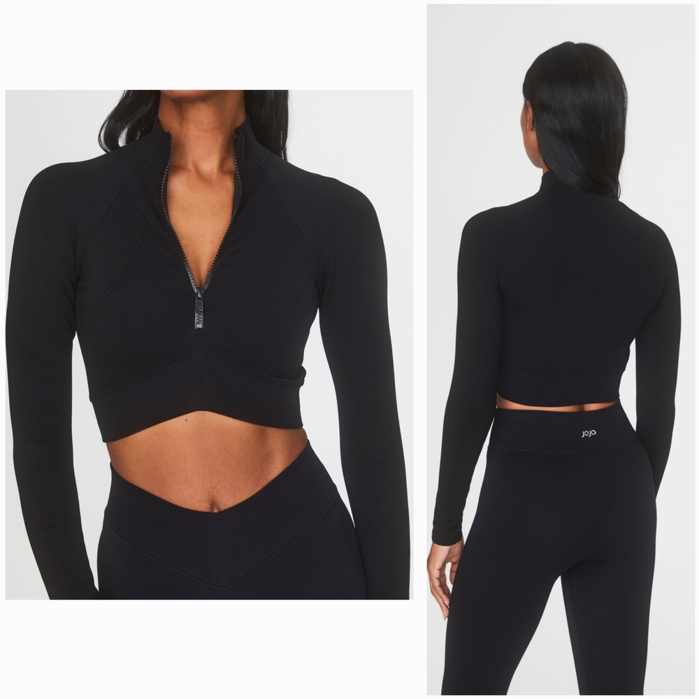 Joja Top Womens M Black Crop Exhale Long Sleeve Quarter Zip Pilates Athleisure
